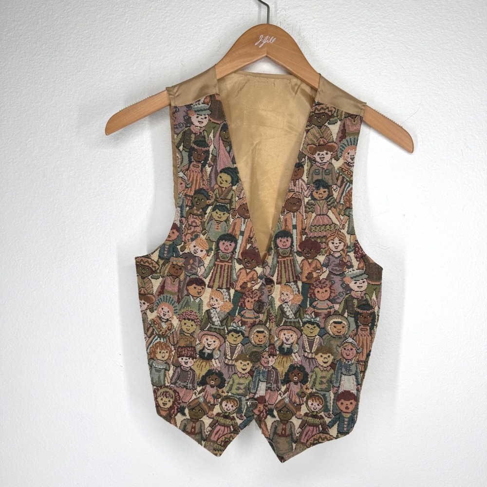 Vintage Folk Tapestry Vest Children of the World Novelty Print Small P Novelty